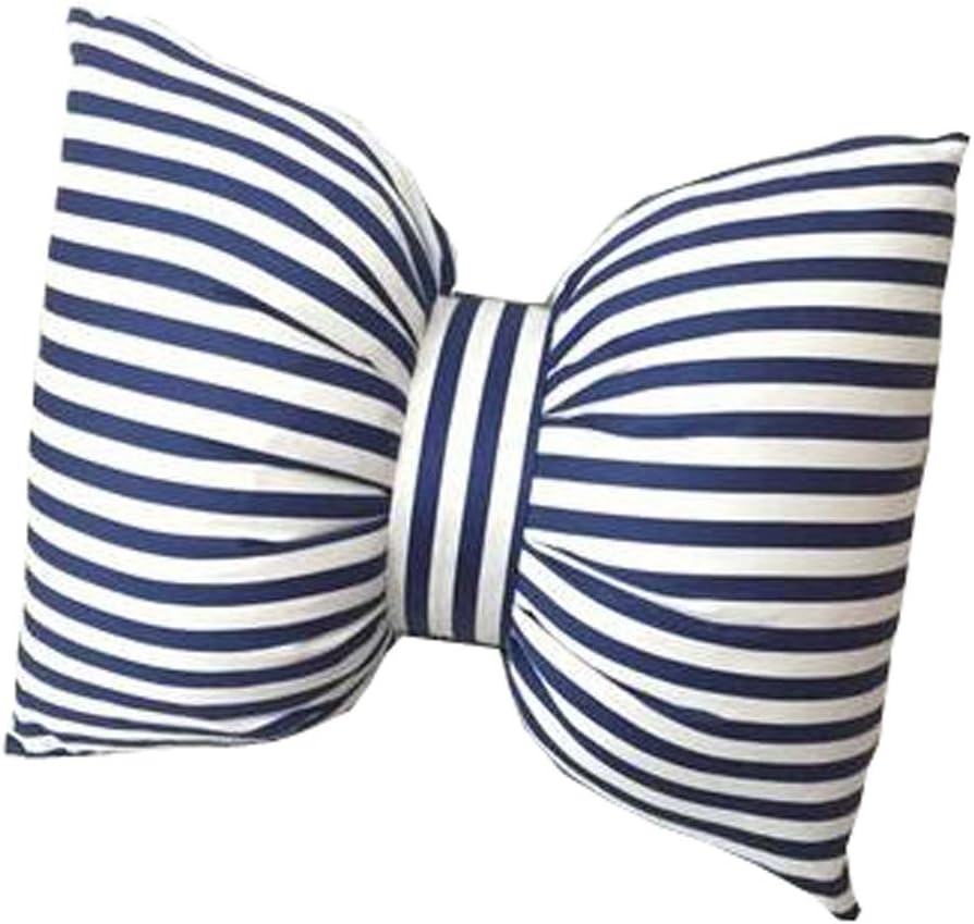 Stripe Hand Made Cotton Bow Pillow Car Neck Pillow Sofa Office Waist Pillow Detachable Wash (S, Blue and White)