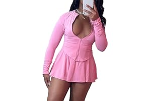 Molilove 2 Piece Tennis Dress for Women Long Sleeve Zipper Tight Jacket Mini Skirt with Shorts Cute Workout Skort Skirt Set