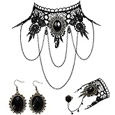 MTAADSQ Halloween Choker Earrings Bracelet Set for Punk Steam punk Costume Party, Women Gothic Black Lace Necklace Vintage Lolita Victorian Hallowee Choker Vampire Pendant