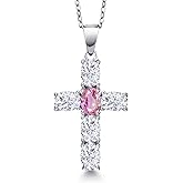 Gem Stone King 925 Sterling Silver White Moissanite and Pink Sapphire Cross Pendant Necklace for Women | 3.10 Cttw | Gemstone Birthstone | Oval 6X4MM | With 18 Inch Chain