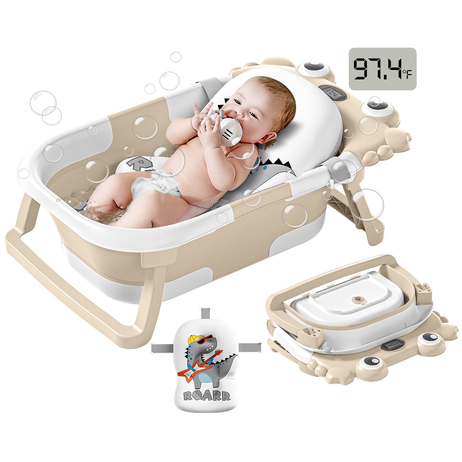 Photo 1 of Collapsible Baby Bathtub for Infants to Toddler with Real-time Temp Monitor+Floating Cushion,Foldable Baby Bath Tub Set Applicable 0-36 Month,Portable Travel Baby Tub for Newborns Boy (Beige)
