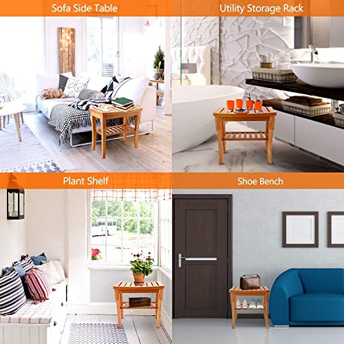 Fashine Multi-Functional Anti-Slip Waterproof 2 Tier Bathroom Bamboo Bench with Shelf Stool Storage Shelving Unit