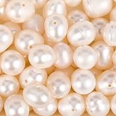 PONABEADIY 1 Box 100PCS Beige Natural Round Shape Genuine Pearl Beads with Holes Freshwater Cultured Summer Spacer Loose Real Pearls Bead Bulk for Jewelry Making Bracelets Earrings DIY Craft Supply