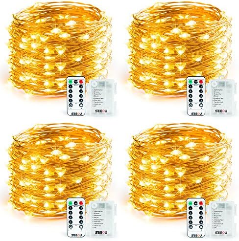 SEEOU 4 Set Fairy Lights Battery Operated String Lights with Remote 8 Modes Twinkle Lights 16.4ft 50 LED String Lights Battery Powered Firefly Lights for Christmas Wedding Party Bedroom Warm White
