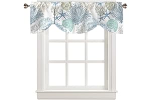 RISQITEN Coastal Tie Up Valance Curtains for Windows, Summer Beach Blue Teal Coral Kitchen Curtains Window Treatments, Sea Nautical Starfish Short Window Shades Valances for Bedroom Bathroom Cafe 54"x18"