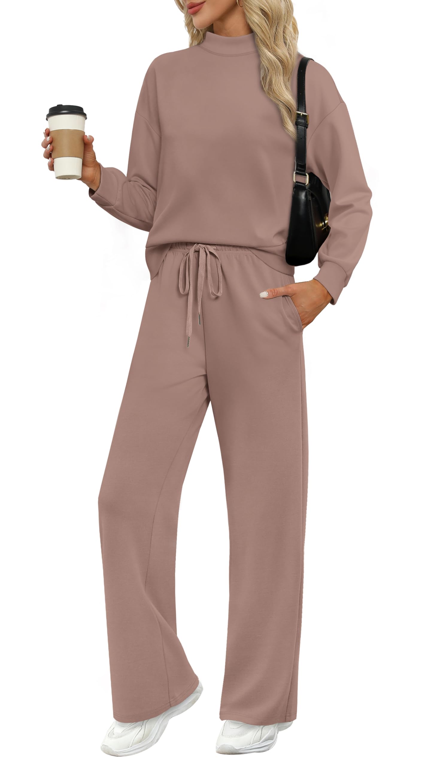 Photo 1 of WIHOLL Women's Pink Coffee Medium 2 Pc Loungewear Matching Sets High Neck Long Sleeve Top & Wide Leg Pants with Pockets
