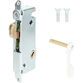 SANKINS Mortise Lock with White Latch Lever, Adjustable Spring-Loaded Hook Latch Projection for Sliding Patio Doors, 45 Degree Angle Keyway, Fits 3-11/16&rdquo; Hole Spacing, Round-End Faceplate