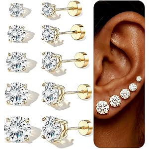 5 Pairs Flat Back Gold Stud Earrings for Women, 14K Gold Plated Hypoallergenic Surgical Steel Stack Cartilage Earrings, Cubic
