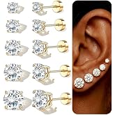 5 Pairs Flat Back Gold Stud Earrings for Women, 14K Gold Plated Hypoallergenic Surgical Steel Stack Cartilage Earrings, Cubic Zirconia Stud Earrings for Multiple Piercing Sensitive Ears Women Jewelry