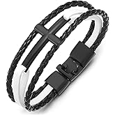 COOLSTEELANDBEYOND Horizontal Sideway Lateral Cross Black White Braided Leather Wristband Bangle Bracelet, Three-Row