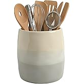 huoflame Large Ceramic Kitchen Utensil Holder for Countertop, Two-Tone | Fits approx. 10-12 tools; Weighted body resists tipping; Wide mouth for easy access; Smooth glaze; Compact footprint