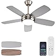 Ayaoty 42 inch Nickel Ceiling Fans with Lights and Remote Control,Dimmable 3-Color Temperatures LED Ceiling Fan, Reversible, Noiseless, Nickel Ceiling Fan for Bedroom, Indoor/Outdoor Use