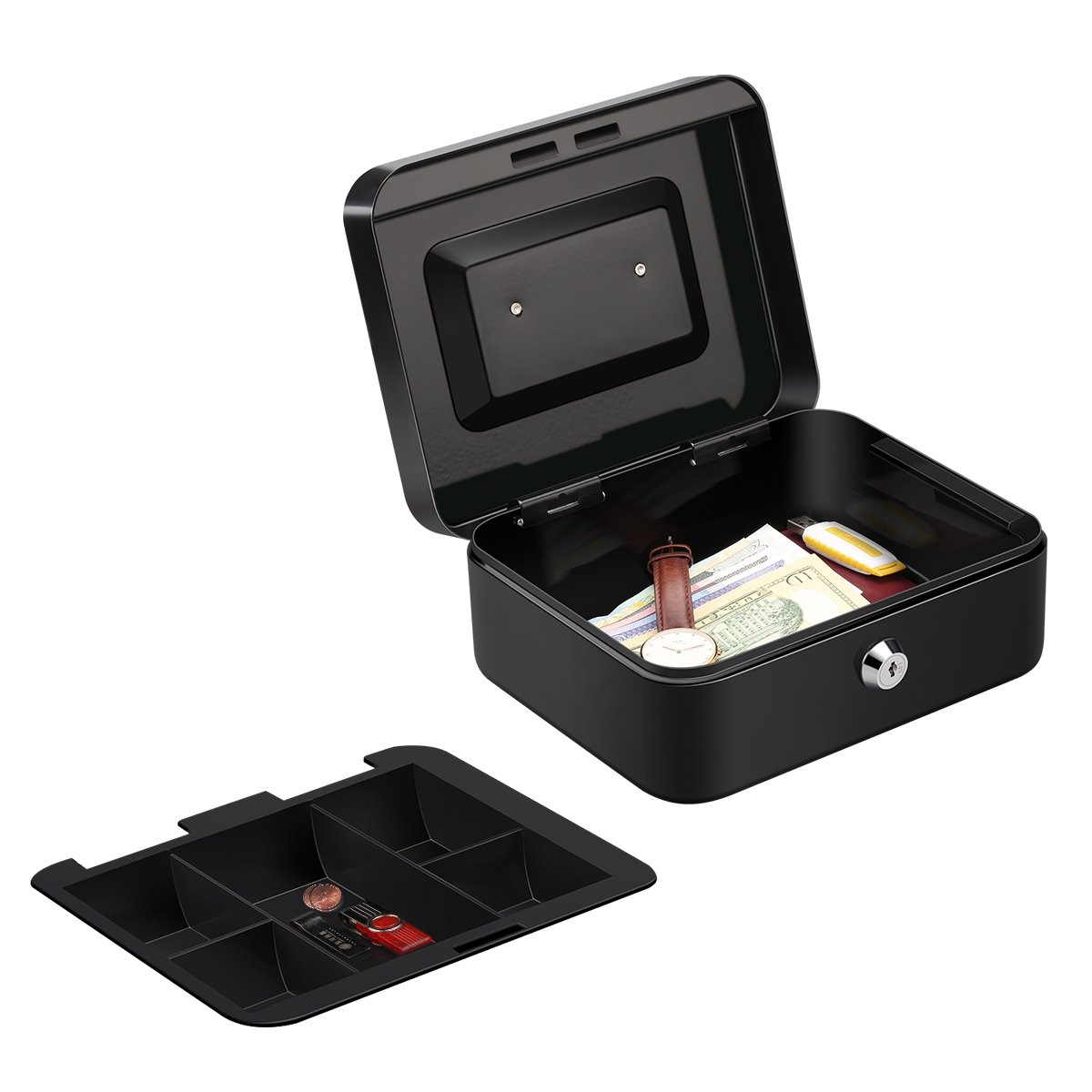 FLOUREON Cash Box Steel Money Case Safe Storage Box with Key Interior Tray Detachable for Home Supermarket Bills Coin Checks Receipt