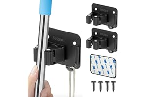 HAOYOWJY Mop and Broom Holder Wall Mount Stainless Steel 304 Tool Garage Organization Mop Holder with Hooks Rack Screw and Self Adhesive Broom Hanger Heavy Duty 2pcs