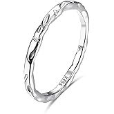 MILACOLATO S925 Sterling Silver Ring for Women Men 18K White Gold Plated Thin Plain Stackable Statement Thumb Rings High Polished Hammered Band Rings Comfort Fit Size 6 to 11, 1.5mm