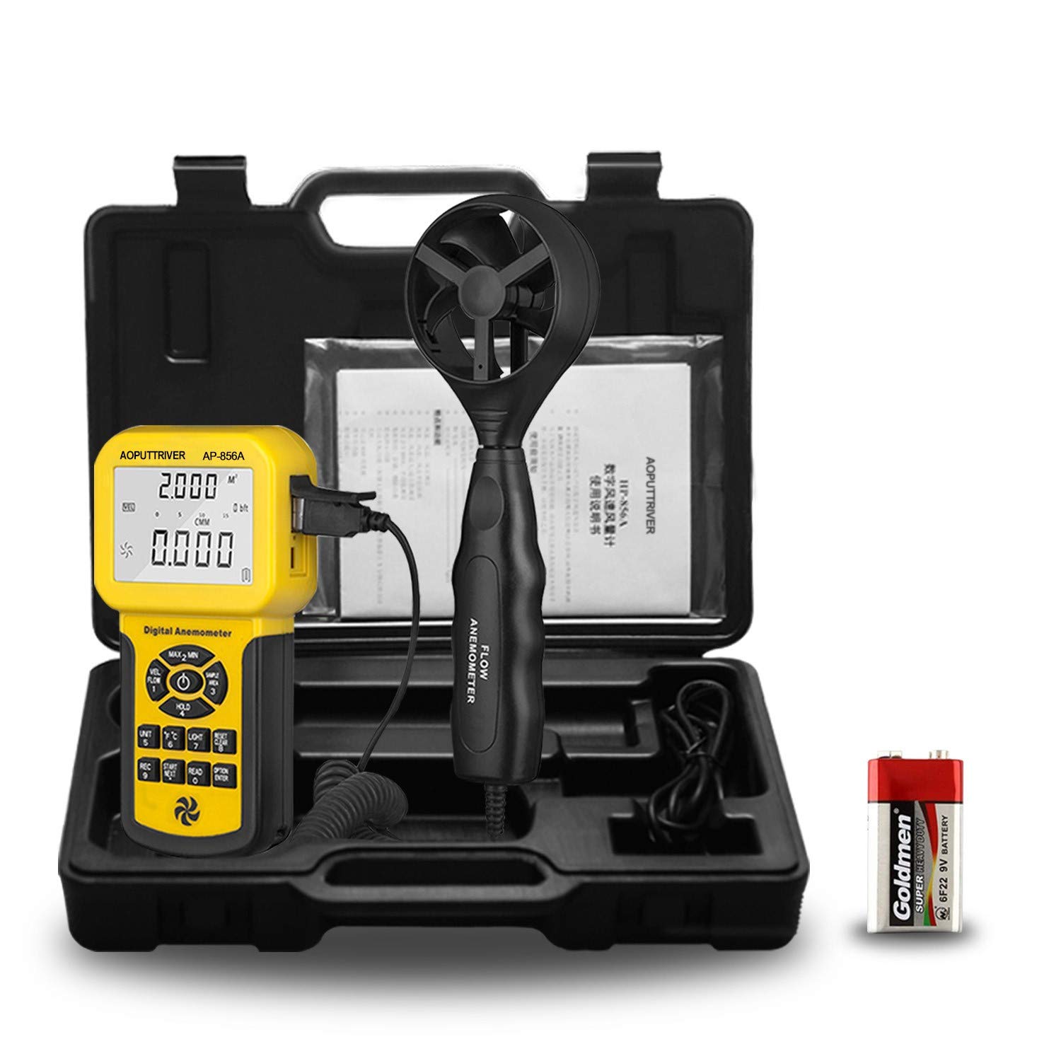 Pro HVAC Anemometer, Handheld CFM Meter Connect to PC with Backlight Max/Avg/Min Functions for Measuring Wind Speed Air Velocity, Temperature Air Flow Meter CFM Meter-AP-856A