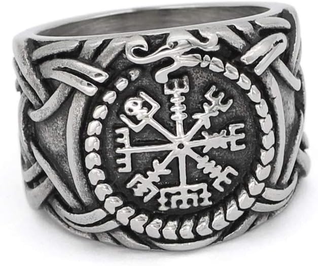 GuoShuang Nordic Viking Stainless Steel Vegvisir Amulet Dragon Scandinavian Ring with Valknut Rune Gift Bag
