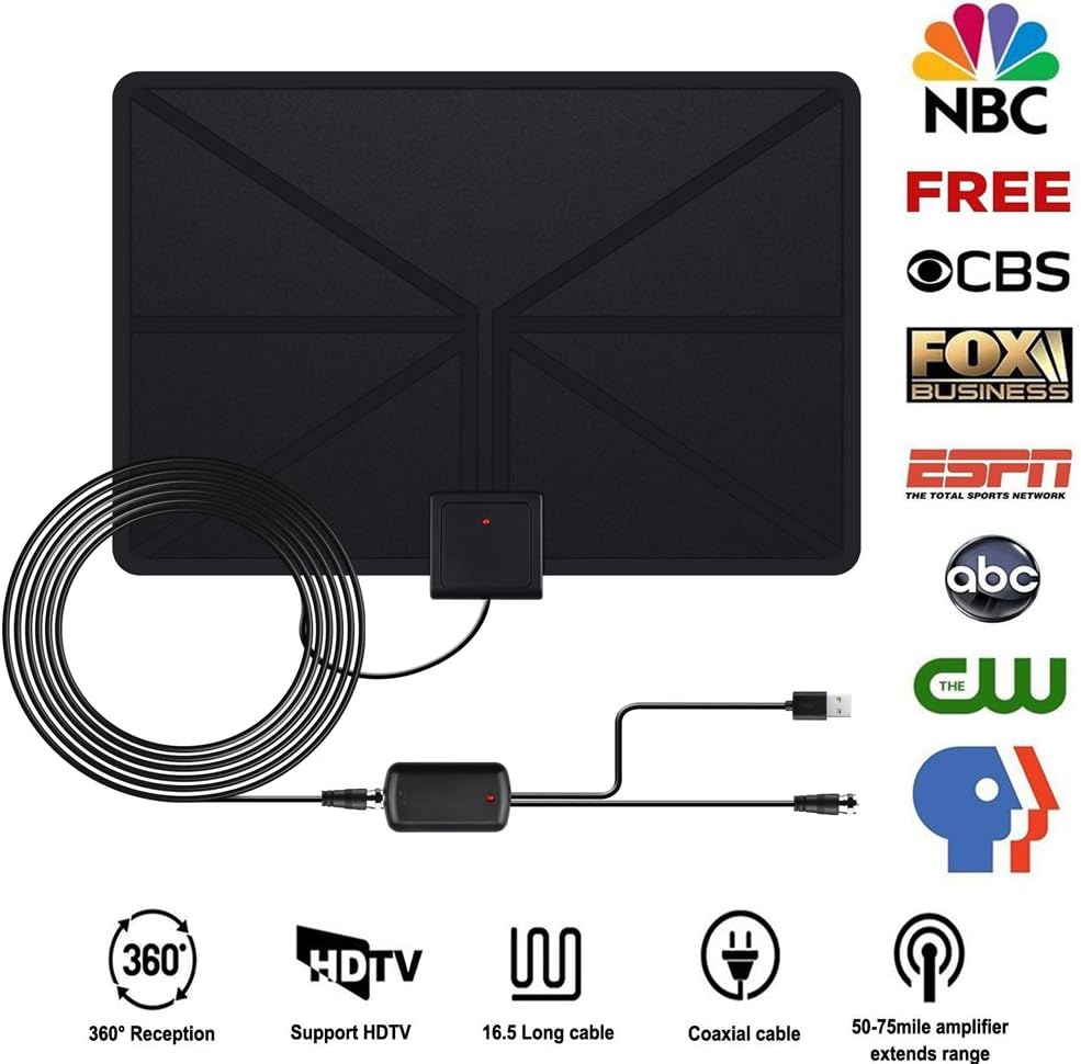 Debolic Indoor Hdtv Antenna,Ultra-Thin Amplified Digital Fox HDTV Aerial Antenna, 80Miles Range Freeview Receiver with Creative Detachable Amplifier Signal Booster USB Power Supply and 13FT Highest Performance Coaxial Cable for Smart TV (330*250*1.1MM)