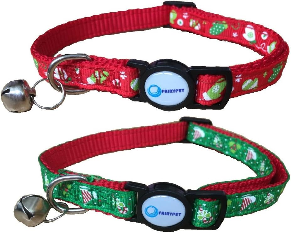 Christmas Cat Collar Adjustable Breakaway Pet Collar with Bells,Set of 2