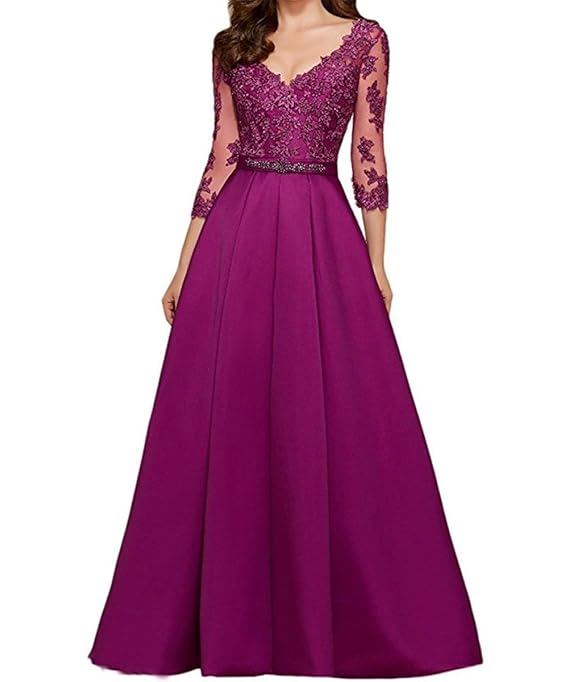 XIAOMING Damen Ball Kleider Lang Elegant V-Ausschnitt 3/4-Arm Abendkleider