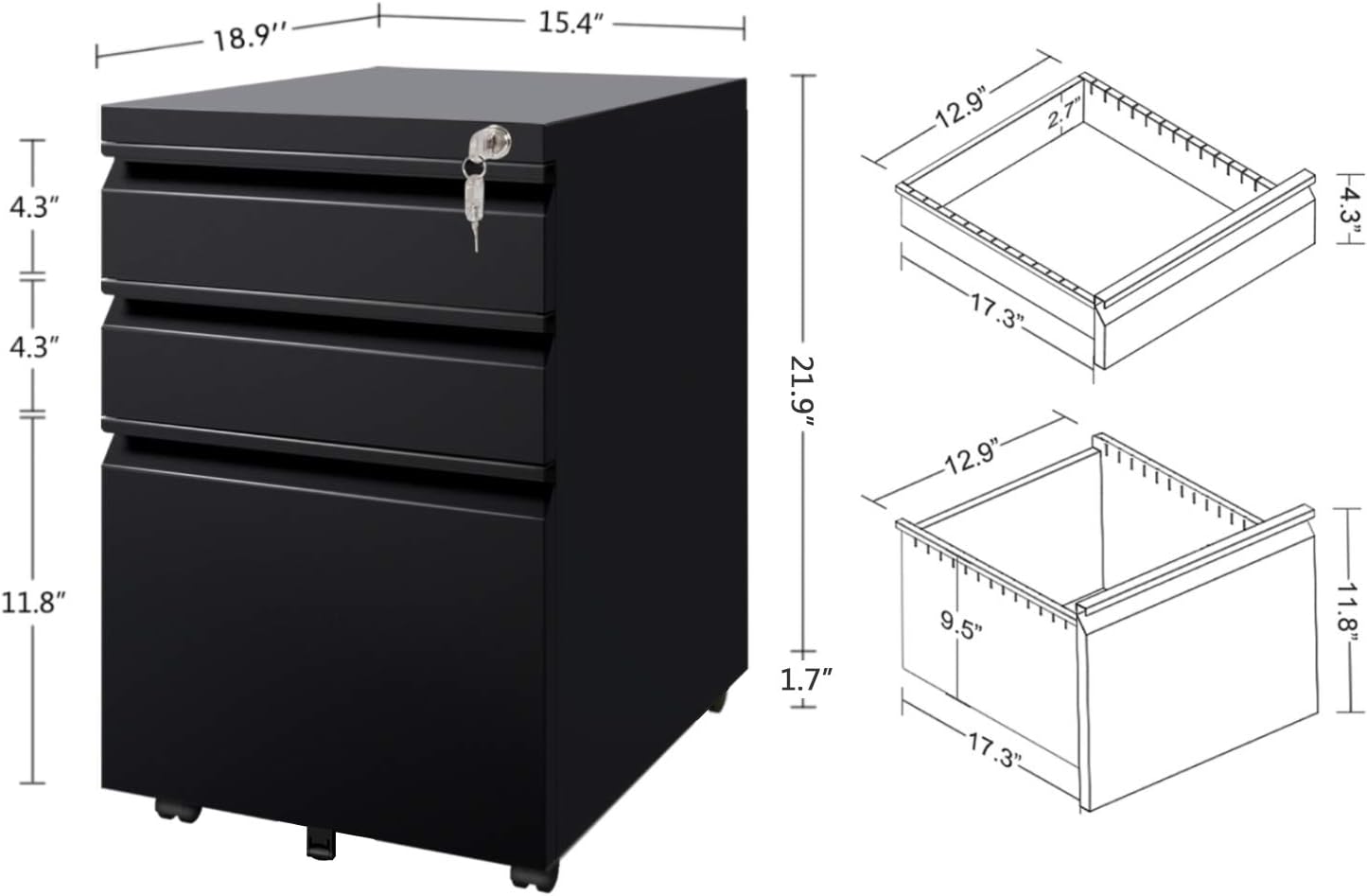 DEVAISE 3 Drawer Mobile File Cabinet with Lock, Under Desk Metal Filing Cabinet for Legal/Letter/A4 File, Fully Assembled Except Wheels, Black : Office Products