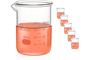 Okulab Heavy Duty Glass Beaker Set, Thick-Walled 3.3 Borosilicate Glass Beakers, with Double Scale Printed Graduation, 5pcs of Vol.50ml, HBKG50A5