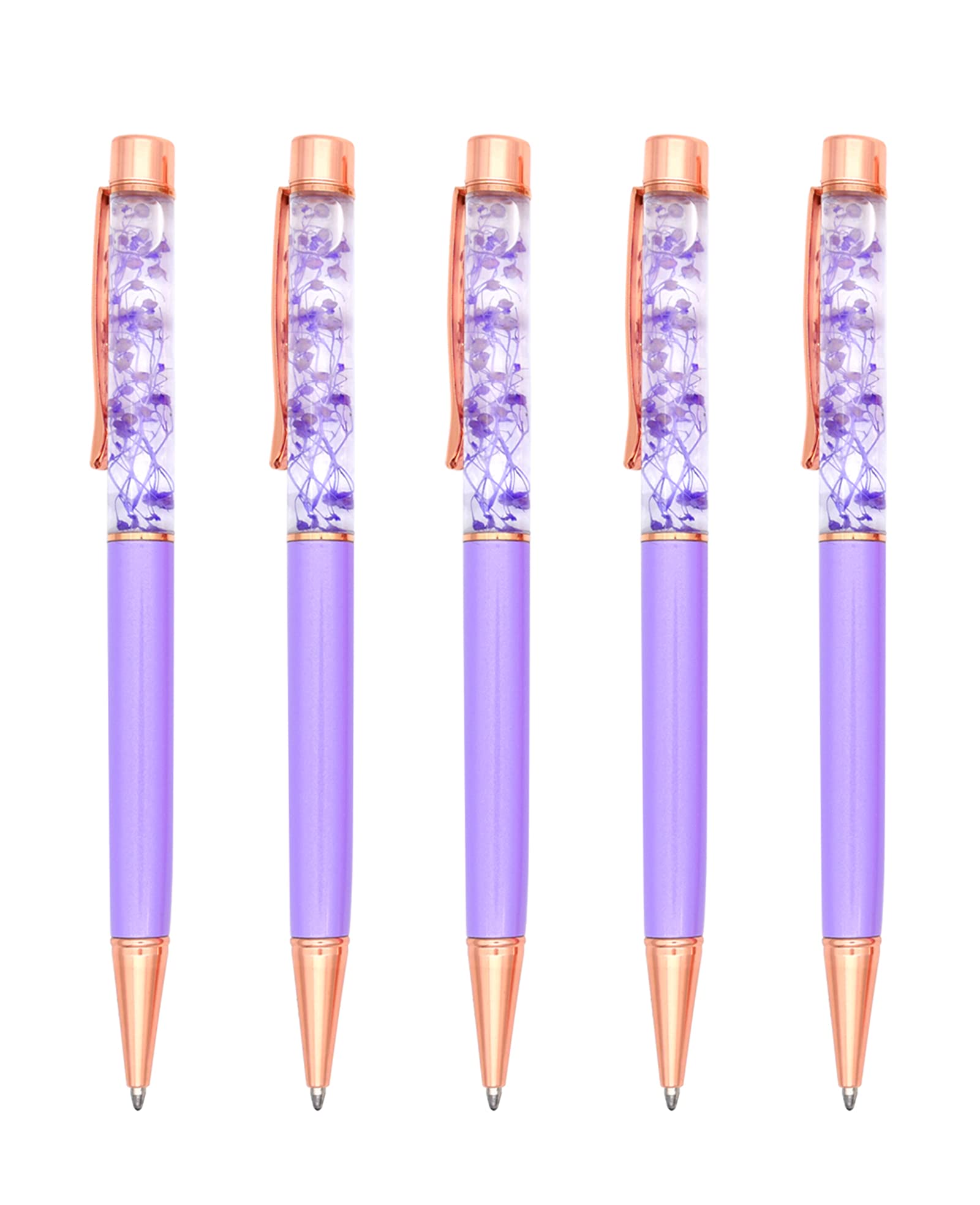Gullor 5 Pieces Floral Ballpoint Pen Metal Flower Pen Dynamic Liquid Flower Pen, Black Ink, Light Purple