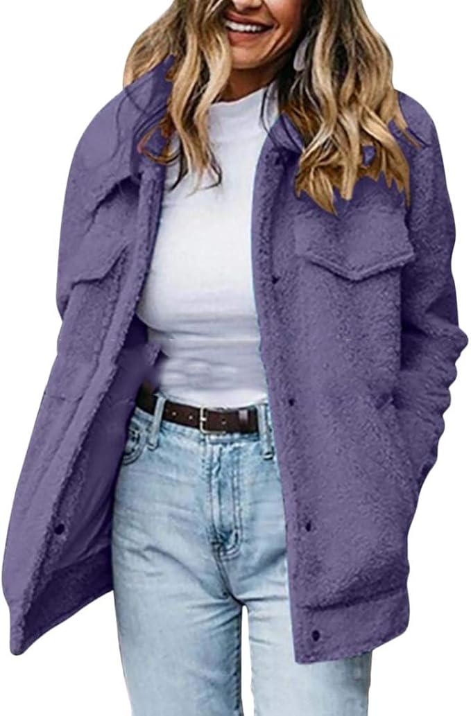 H&E Women's Solid Overcoat Single Breasted Sherpa Pea Coat Jacket Purple L: Amazon.co.uk: Clothing