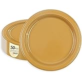 HiEnjoin 50 Pack Gold Plastic Plates, 7 Inch Disposable Dessert Plates Party Plates for Picnic Travel Birthday Wedding Party Supplies (Gold, 7 Inch)