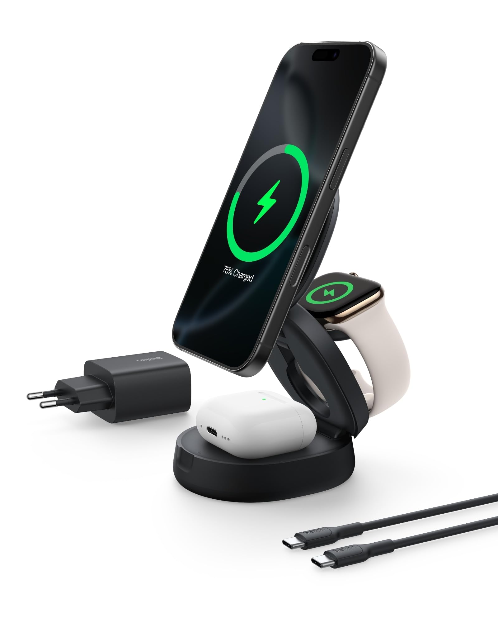 Belkin BoostCharge 3-in-1 Induktive Ladestation mit Qi2, 15W, MagSafe-kompatibles Ladegerät, Kabellose, Verstellbare, für iPhone 17, Air, Pixelsnap, Apple Watch, AirPods, inkl. 30-W-Netzteil – Schwarz