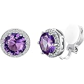 Silvora 925 Silver 8MM Cubic Zirconia Birthstone Clip On Stud Earrings Round Non Pierced Earrings For Women,Come with Box
