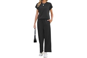 Famulily 2 Piece Sets for Women Summer Front Pleated Side Slit Tops Matching Wide Leg Pants Tracksuits with Pockets