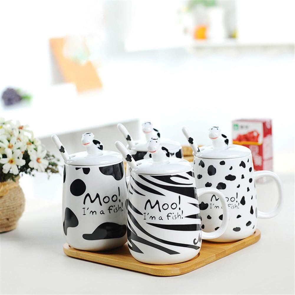 Erjialiu Moo! I'M A Fish! Ceramic Water Mug Dairy Cow Design Office Coffee Mug,Cute Morning Breakfast Milk Coffee Mugs With Lid Spoon,set
