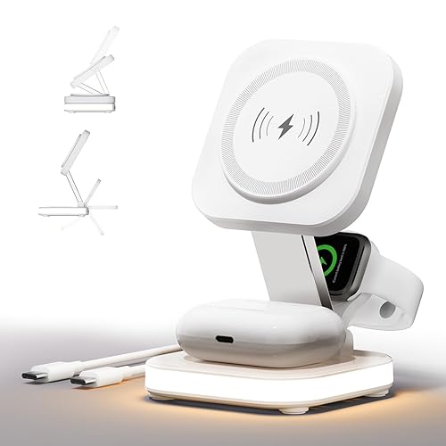 5 in 1 Wireless Charging Station for Apple, Foldable for MagSafe Charger with Night Light for iPhone 17/Air/16/15/14/13/12,Apple Watch,AirPods Pro 4 3 2, Travel Magnetic Fast Wireless Charging Station