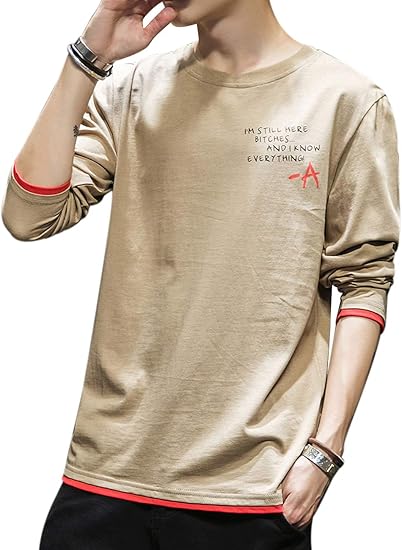 Amazon Zoerea Tシャツ メンズ 長袖 無地 綿 プリント カットソー おしゃれ 丸襟 快適 大きいサイズ カーキ色 3xl T シャツ カットソー 通販