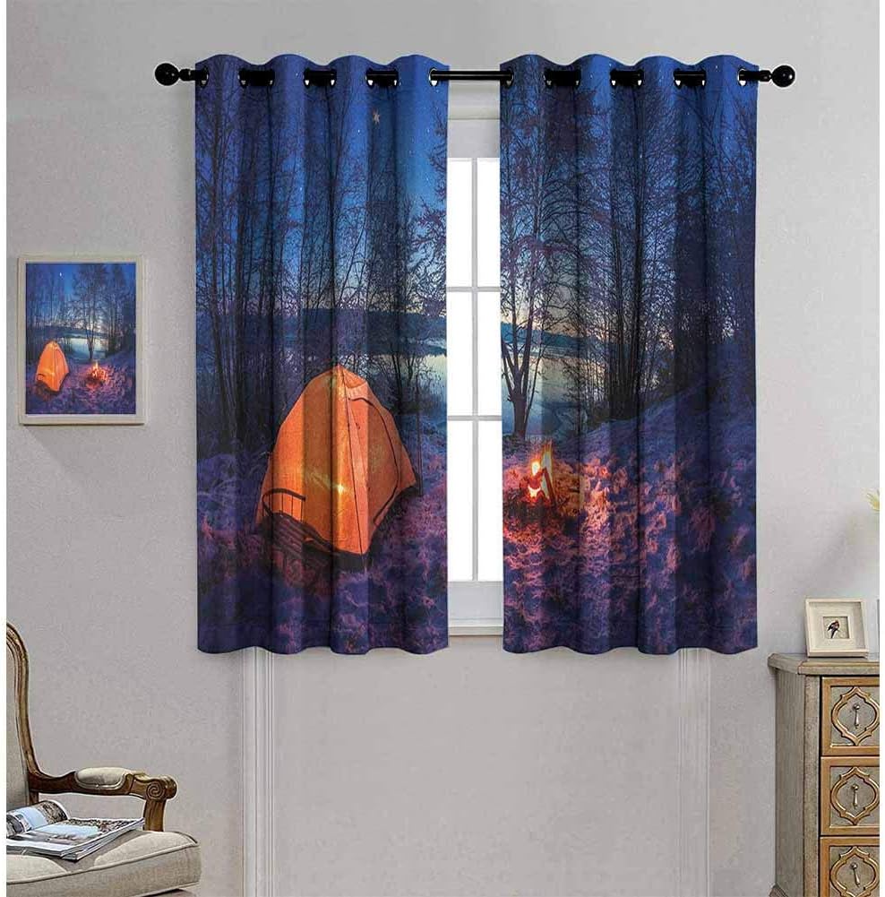 Forest 99% Blackout Curtains Dark Night Camping Tent Photo in The Winter on The Snow Covered Lands by The Lake for Bedroom Kindergarten Living Room W52 x L63 Inch Blue Orange