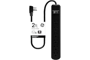 GE 6-Outlet Power Strip, 2 Ft Extension Cord, Heavy Duty Plug, Grounded, Integrated Circuit Breaker, 3-Prong, Wall Mount, ETL Listed, Black, 14831