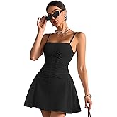 HTZMO Women Summer Casual Square Neck Mini Dress Corset Ruffle Ruched A Line Cute Going Out Party Short Sundress