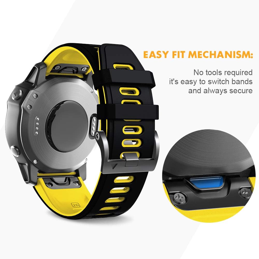 NotoCity for Fenix 5X Strap 26mm Width Soft Silicone Replacement Band Watch Strap for Fenix 7X/5X Plus/Fenix 6X/Fenix 6X Pro/Fenix 3/Fenix 3 HR/Descent MK1(black-yellow) - Image 5