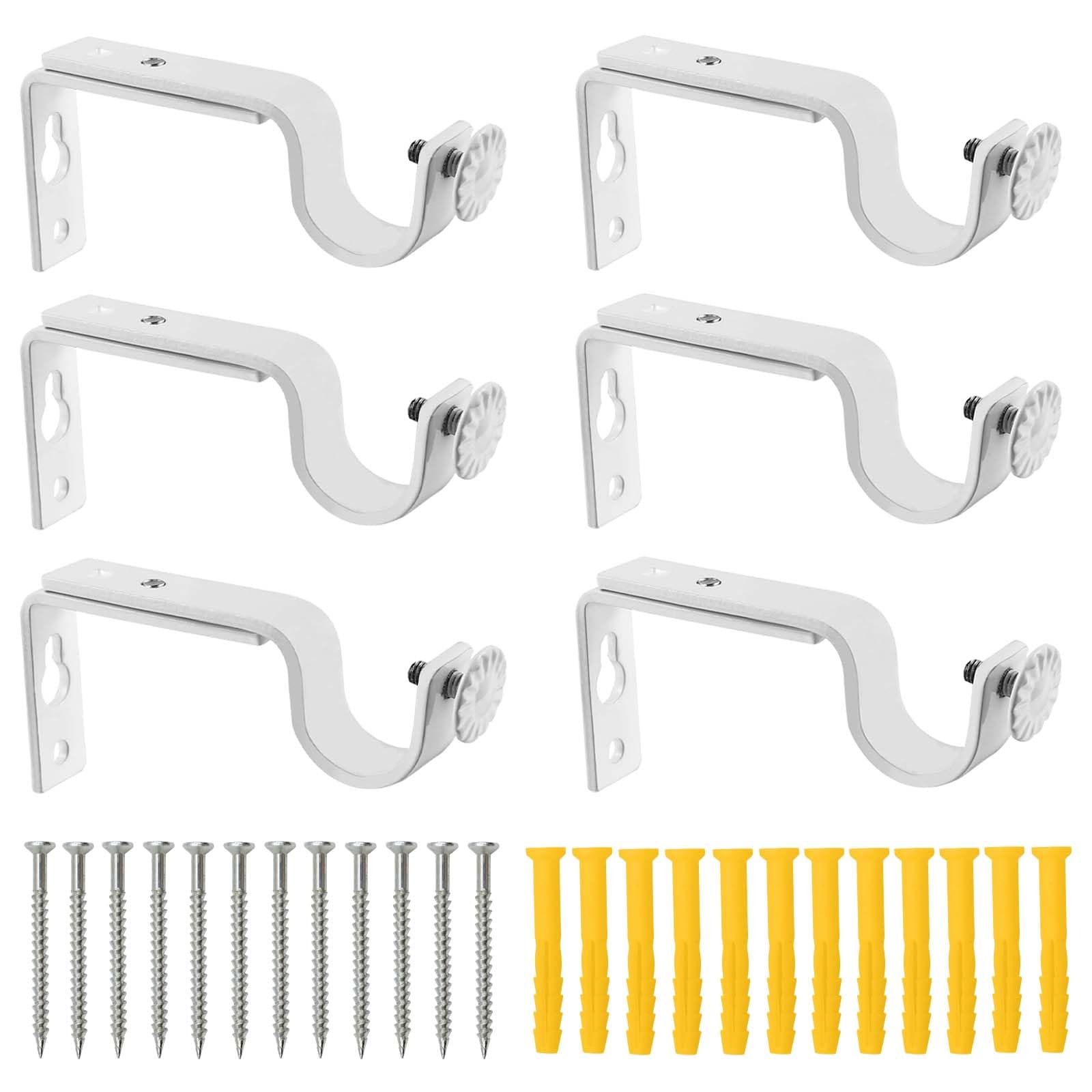 ZOCONE 6 Pcs White Curtain Pole Brackets, Adjustable Curtain Brackets for Poles Metal Curtain Rod Holder with Screws Heavy Duty Curtain Pole Holder for 16-25mm Wall Rods, JCCD04305LYT