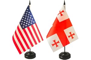 ZIGVERT 1 American and 1 Georgian 8"x5" Miniature Desk & Table Flag, Includes 2 Flag Stands & 2 Small Mini Stick Flags, USA American & Georgia Flag,Georgia Flags ,Georgia Room Flag, Friendship Flags of the World