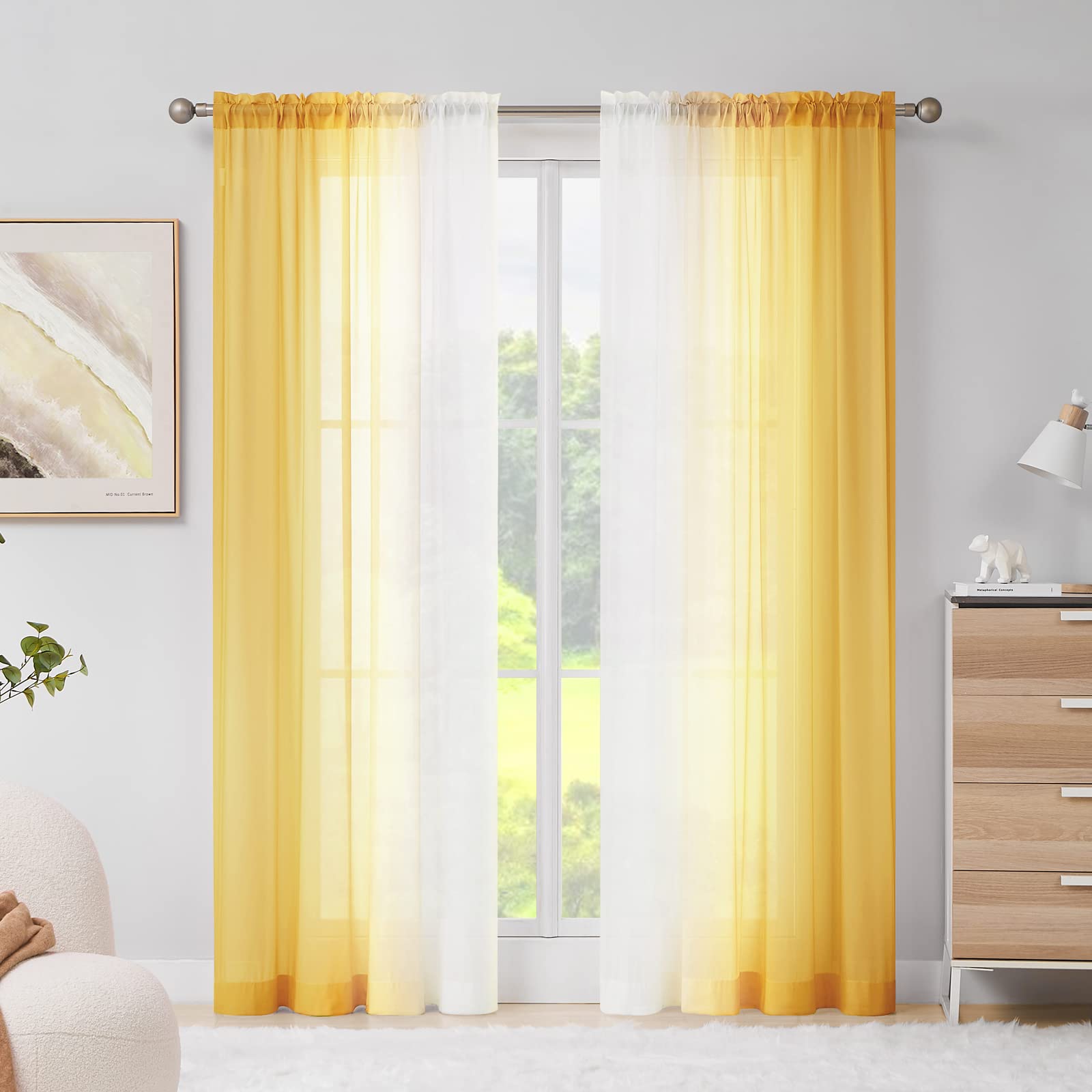 Melodieux - Orange Sheer Curtains 33 Inches Long Linen Look Sheer Curtains for Living Room Linen Look Pocket White Orange 2 Panels 20.5W x 33L Inch