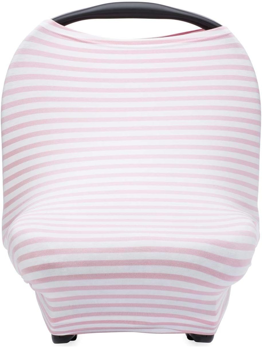 Parker Baby 4 in 1 Car Seat Cover for Girls - Stretchy Carseat Canopy, Nursing Cover, Grocery Cart Cover, Infinity Scarf - Pink/White Stripes