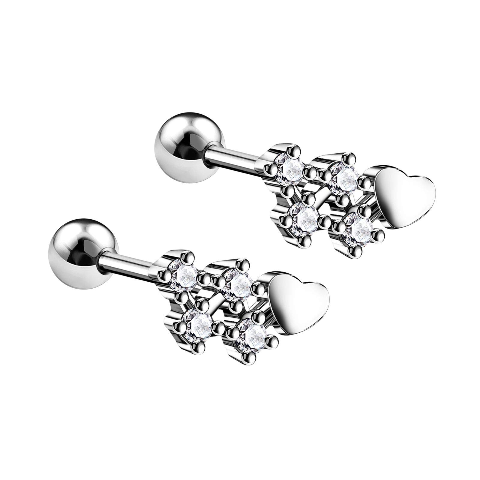 BanaVega 2PCS Steel Heart with Micro tail Clear Crystal Ear 16g 1/4 6mm Tragus Cartilage Helix Earrings Piercing Jewellery 5718