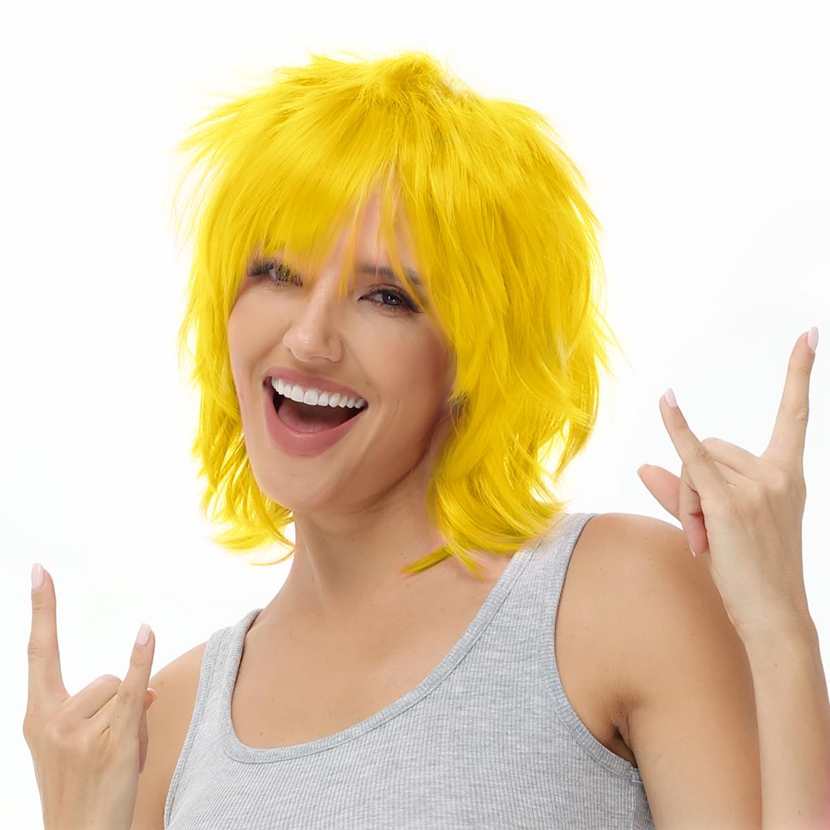 BUYOGET Anime Halloween Wig for Cosplay Party, Synthetic Layered Short Hair Wigs with Bangs Yellow — image 1