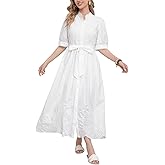 utcoco Women's Embroidered Eyelet Shirt Dresses Belted Puff Sleeve Button Down Swing Boho Cotton Maxi Shirt Dress