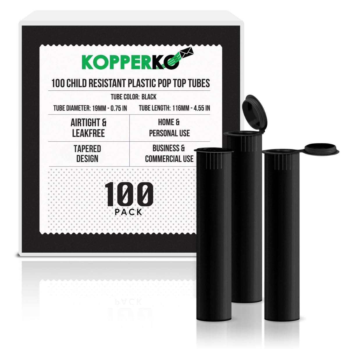 Photo 1 of Kopperko Plastic Pill Containers (116mm 100-Pack) Child Resistant Smell Proof Tubes, Black Tube for Herbs & Spices | Smell Proof, Airtight, UV Resistant & Waterproof (Black Plastic)