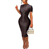 Women's Casual Turtleneck Long Sleeve Elegant Long Dress Lounge Mesh Bodycon Maxi Party Dresses