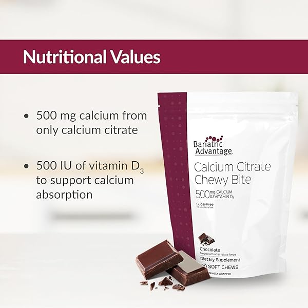 BARIATRIC ADVANTAGE CALCIUM CITRATE CHEWY BITES 500 MG – HIGHLY ABSORBABLE & DIGESTIBLE – VITAMIN D3 – EASILY CHEWABLE CALCIUM SUPPLEMENT – CHOCOLATE FLAVOR – 90 COUNT