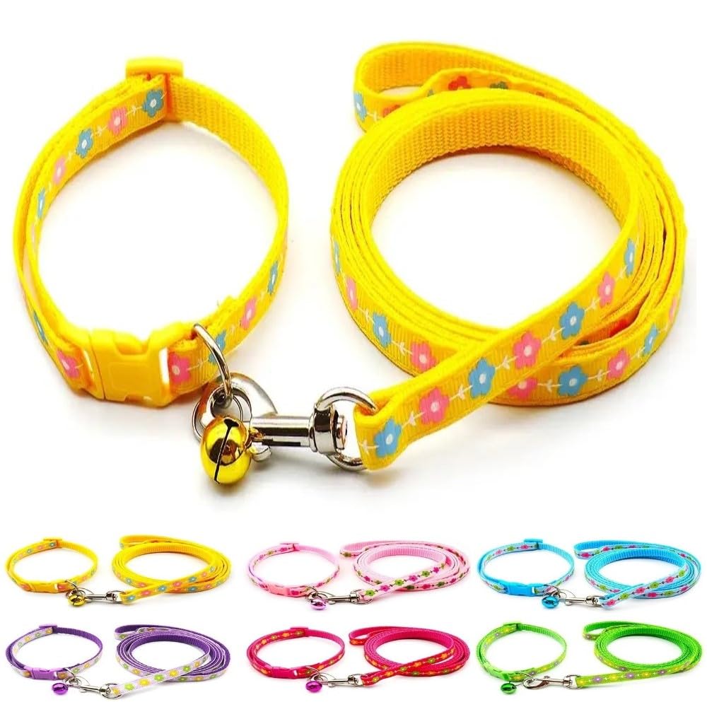 Small Dog Puppy Pet Collar and Lead Set Flower Design Nylon Adjustable Size 19-32cm Collar with Bell and 120cm Leash Yellow